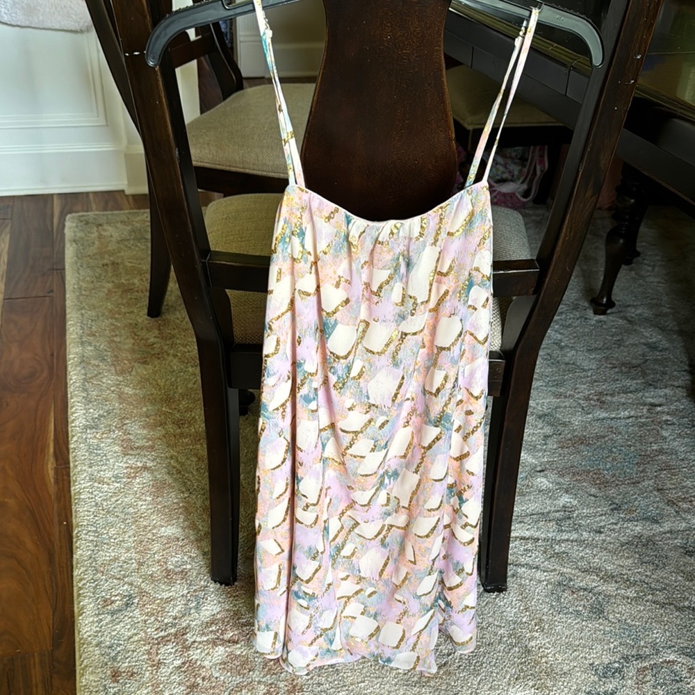 Buddy Love spaghetti strap dress, size small pastel colors with gold accents.